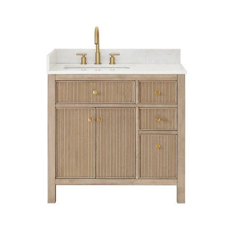 Altair 567036-NK-GW-NM Cerrito 36 Inch Freestanding Single Sink Bathroom Vanity With Grain White Engineered Stone... Wood Vanity Bathroom, Fluted Wood, Farmhouse Sink Faucet, Engineered Stone Countertops, White Countertop, Ceramic Undermount Sink, Small Bathroom Renovation, Stone Countertop, Wood Bathroom Vanity