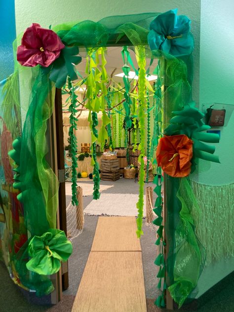 Entryway for classroom for #vbs #mysteryislandvbs #vacationbibleschool #junglevbs #jungle #jungleparty #junglevbs Classroom Doorway Ideas, Great Jungle Journey Vbs Decorations, Jungle River Cruise Vbs, Jungle Journey Vbs 2024 Crafts, Thunder Island Vbs, Mystery Island Vbs Decorations, The Great Jungle Journey Vbs, Jungle Cruise Vbs, Jungle Journey Vbs 2024