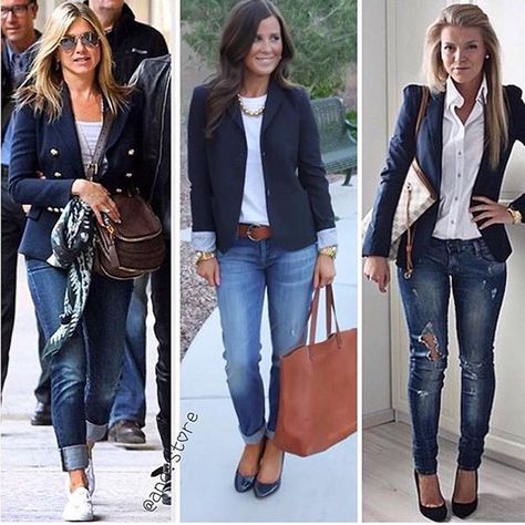 Outfits With Navy Blazer, Navy Blazer Jeans Outfit Women, Outfit With Navy Blue Blazer, Casual Navy Blazer Outfit Women, Dark Denim Blazer Outfit, Suit Jacket And Jeans Women, Blue Blazer And Jeans Outfit Women, How To Wear A Navy Blazer Women, How To Wear Navy Blazer