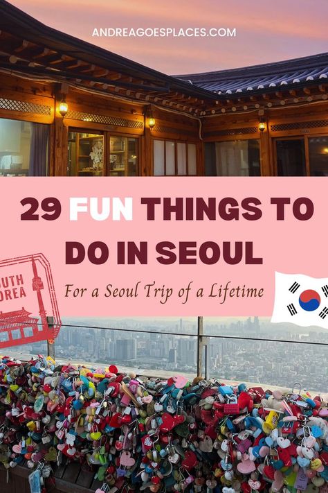 Here are 29 fun things to do in Seoul, especially if it's your first time! Seoul is a bustling city that’s skyrocketed to fame in the last couple of decades. With increased interest in Korean dramas, K-pop, K-beauty, and more, everyone wants to visit Seoul! But there’s so much to do—how do you decide what to do, where to go, or what to see?! I spent a week and a half in Seoul and did it all and can recommend these top 29 things you should do in Seoul for a great trip. Andreagoesplaces.com What To See In Seoul, What To Do In Seoul, Seoul Things To Do, Seoul Map, Things To Do In Seoul, Namsan Tower, Korea Winter, Visit Seoul, Korea Trip