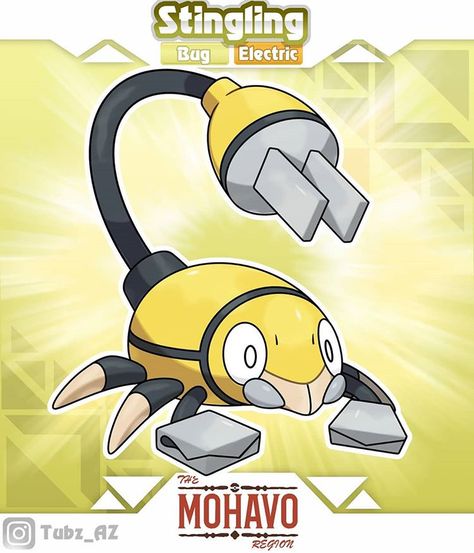 Mohavo Region on Instagram: “A new pokemon has appeared! Meet Stingling the Prong PkMN Stibgling is based on electrical prongs and the scorpions. Will you add…” Pokemon Rpg, Pokemon Fake, The Scorpions, Pokemon Regions, Pokemon Breeds, Oc Pokemon, Pokemon Oc, Pokemon Pokedex, Gym Leaders