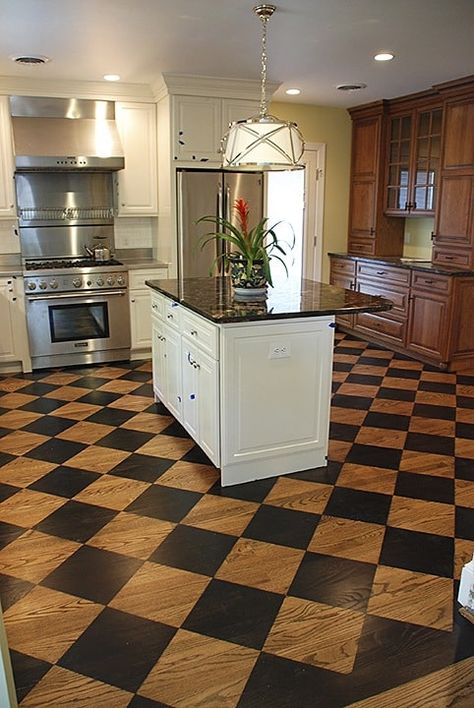 Stained Diamond Floor Pattern Enlarges and Enlivens the Space, floor finishes painted decorative finish Ashley Spencer Painted Deck Floors Wood, Painted Deck Floors, Painted Plywood Floors, Fake Books Decor, Black Painted Walls, Checkered Floor, Colonial Home Decor, British Cottage, Painted Wood Floors