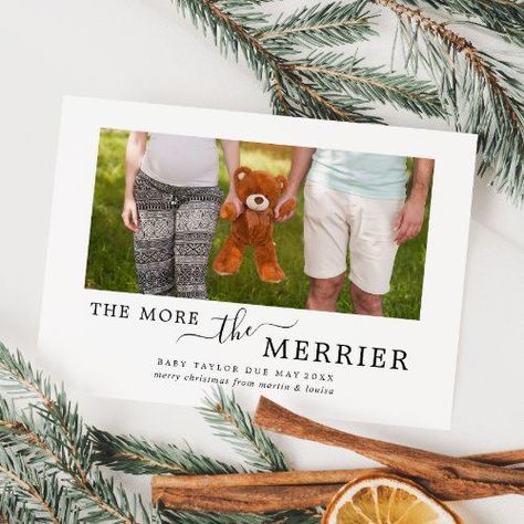 $2.66 | Minimalist The More The Merrier Pregnancy Photo #black and white holiday photo, whimsical typography template k100, modern handlettering script font, elegant the more the merrier, rustic holiday pregnancy announcement, minimalist parents to be christmas, simple pregnant photo christmas, calligraphy expecting baby picture, classic new baby photo announcement, classy country farmhouse year 2022 Holiday Pregnancy Announcement, Whimsical Typography, Christmas Calligraphy, The More The Merrier, Pregnancy Announcement Cards, Christmas Pregnancy Announcement, Baby Announcement Photos, Christmas Pregnancy, Pregnancy Photo