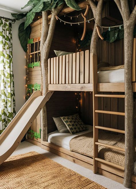 Into the Wild: 20 Jungle-Inspired Kids Room Ideas - Various Loft Treehouse Bunk Beds, Kids Treehouse Bed, Playroom Bunk Beds, Tent Beds For Kids, Kids Room With Bunk Bed, Fairy Room Ideas Kids, Loft Bed Kids Room, Kids Loft Playroom, Playroom Dinosaur