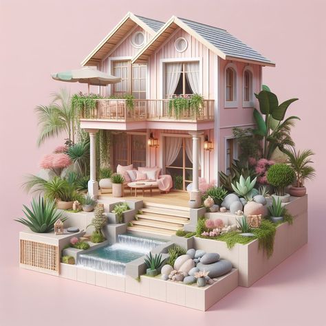 Pink Sims House, Kawaii House Exterior, Sims 4 Pink House, Sims 4 Barbie House, Barbie Dream House Bloxburg, Bloxburg Pink House, Sims Modern House, Pink Tiny House, House Exterior Aesthetic