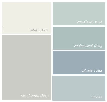 complimentary colors to stonington gray - kitchen and dining room with pantry door in one of the greens. Dining Room With Pantry, Benjamin Moore Wedgewood Gray, Woodlawn Blue, Stonington Gray, Interior Paint Colors Schemes, Choosing Paint, Paint Color Schemes, House Color Schemes, Kitchen And Dining Room