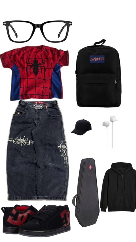 Peter Parker Fits, Spider Man Pants, Sonic Inspired Outfits, Spiderman Inspired Outfit, Spiderman Clothes, Pop Culture Outfits, Spiderman Outfit, Street Style Outfits Casual, Baggy Outfit Ideas