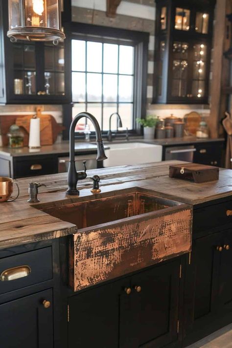 Black Kitchen Home Design Black, Black Kitchen Ideas, Moody Kitchen, Black Countertops, Studio Apt, Black Kitchen Cabinets, Kitchen Ideas Dark Cabinets, Kitchen Ideas Dark, Rustic Farmhouse Kitchen