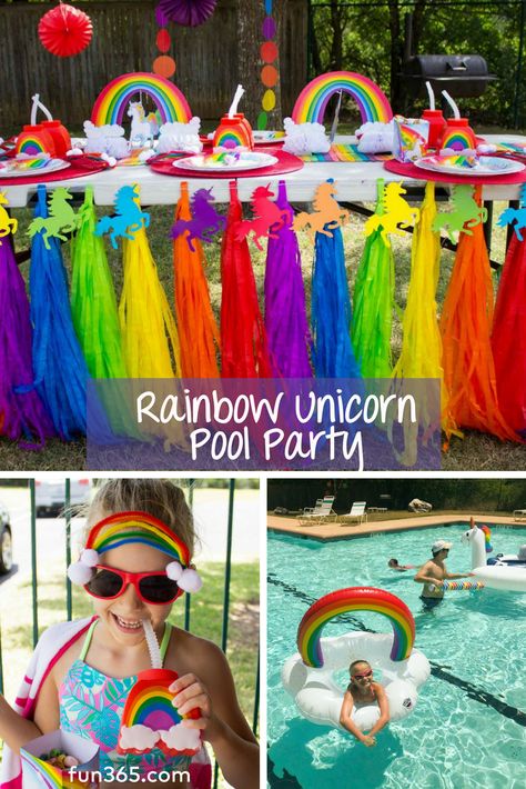 Make a bright and magical party at the pool this summer with this Rainbow Unicorn Pool Party! A perfect way to celebrate a summer birthday! Mermaid Rainbow Party, Rainbow Pool Party, Unicorn Pool Party, Book Themed Party, Magical Party, Pool Party Kids, Rainbow Party Decorations, Rainbow Unicorn Party, Rainbow Theme Party