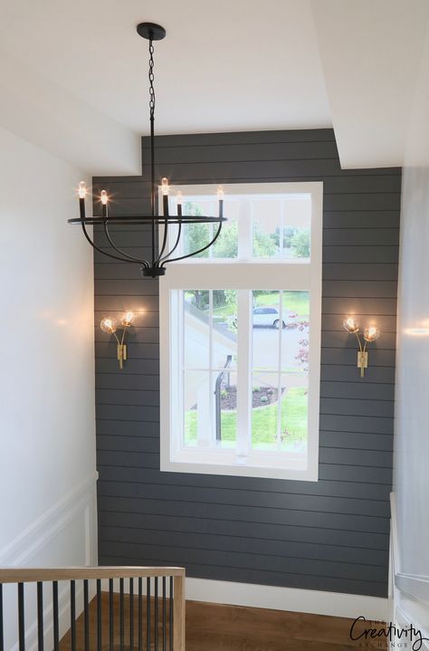 Modern Farmhouse Home Tour: Millhaven Homes Benjamin Moore Trout Gray, Painting Shiplap, Shiplap Accent Wall, Trending Paint Colors, Modern Farmhouse Home, Modern Farmhouse Exterior, Farmhouse Homes, The Ceiling, Modern Country