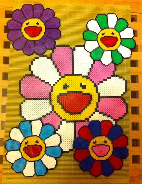 Murakami flowers - hama beads Perler House, Murakami Flower, Easy Perler Bead Patterns, Melty Bead Patterns, Perler Art, Perler Bead Templates, Diy Perler Bead Crafts, Pixel Art Grid, Hama Beads Patterns