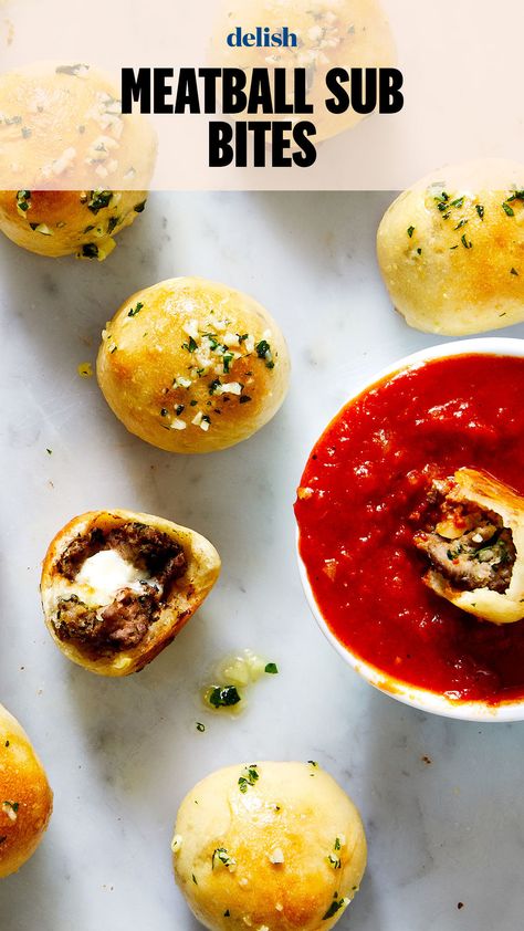 We found yet another use for pizza dough! Meatball Sub Bites Delish, Meatball Sub Bites, Meatball Bites, Cooking Projects, Chicken Items, Mozzarella Stuffed Meatballs, Breakfast Muffin, Meatball Sub, Man Cake