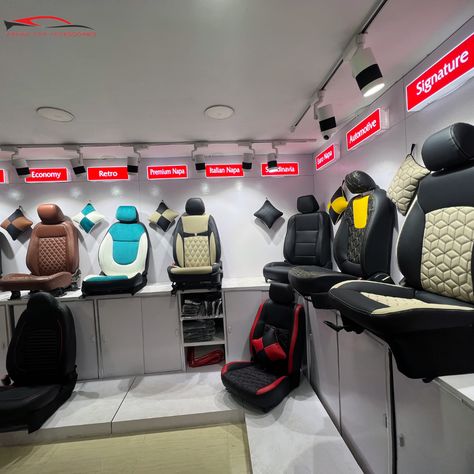 Car Accessories Shop Design, Accessories Shop Design, Best Car Accessories, Best Car Seat Covers, Showroom Ideas, Car Needs, Drawing Room Interior Design, Leather Car Seat Covers, Shop Interior Design