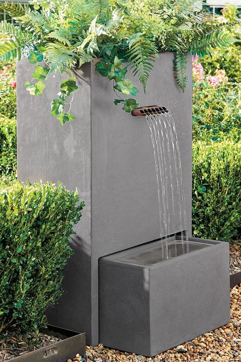 Wall Fountains Backyard, Fountain Planter, Outdoor Wall Fountains, Outdoor Urns, Concrete Fountains, Modern Fountain, Outside Decor, Small Courtyard Gardens, Fountain Feature