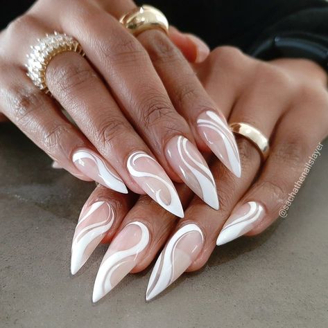 17 Gorgeous Red Nail Design Ideas Nail 2023 | Summer Nails Coffin French Almond Nails Design Glitter, Acrylic Nail Swirl Designs, Acrylic Pointy Nails, Nail Art Swirls Design, Acrylic Nails Swirls, Long Almond Acrylic Nails Art Designs, Almond Stiletto Nails Design, White Swirl Nail Designs, Classy Stilleto Nails