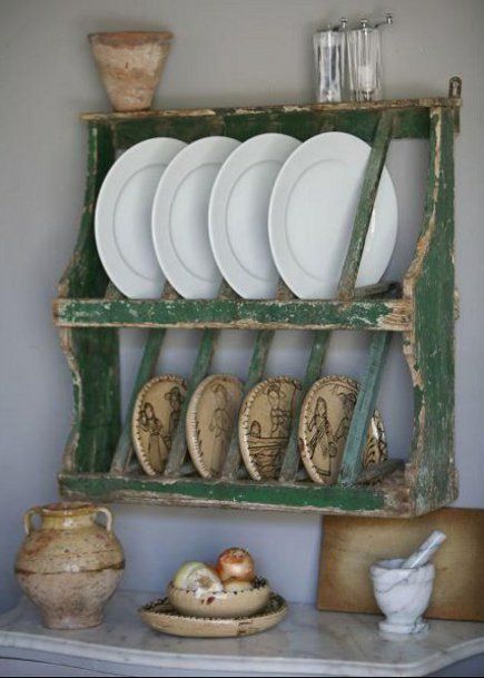 A vintage French provincial green plate rack (the color was popular during the late 1940s) is small enough  (26” h. x 25” w. ) to hang anywhere Plate Racks In Kitchen, Plate Shelves, French Vintage Decor, Plate Rack, Kitchen Plate, Green Plates, Custom Plates, Dish Rack, French Country Kitchen