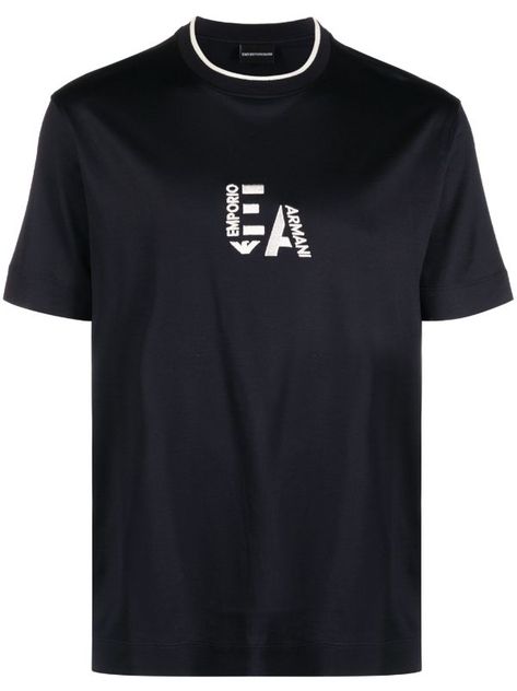 Emporio Armani logo-embroidered round-neck T-shirt - Farfetch Armani Tshirt, Armani Logo, Tshirt Design Men, Polo Blue, Contrast Collar, Men's Collection, Logo Embroidered, Free Shopping, Emporio Armani