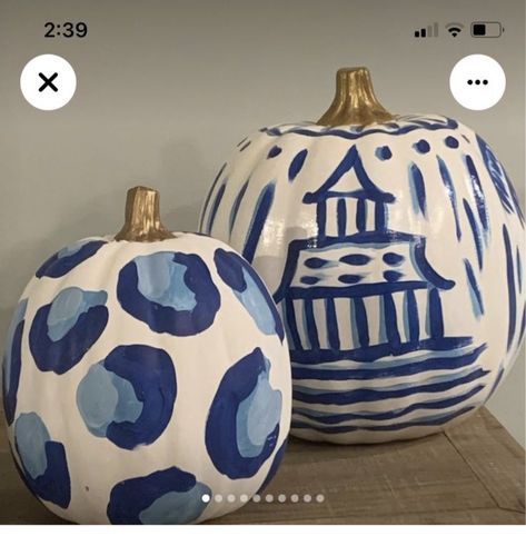 Chinoiserie Halloween Decor, Blue And White Fall Mantle Decor, Blue Pumpkins Painting, Chinoiserie Halloween, Blue Pumpkin Painting, Fairytale Pumpkins, Diy Chinoiserie, Blue Fall Decor, Chinoiserie Pumpkins