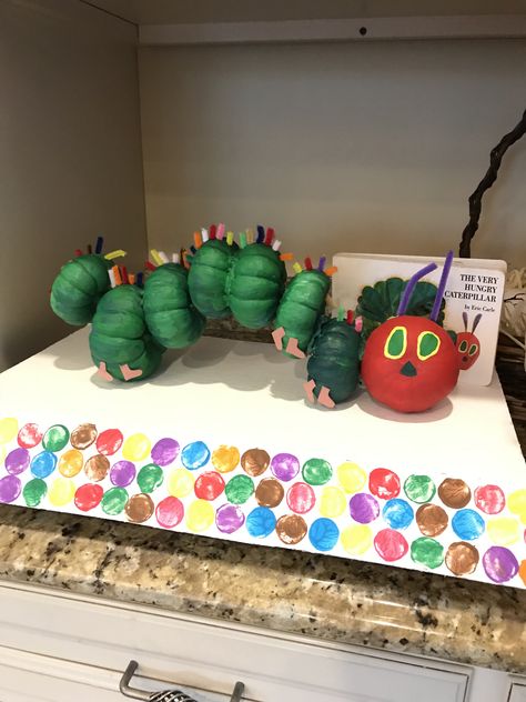 Hungry Caterpillar Pumpkin Decorating, Book Character Pumpkins Very Hungry Caterpillar, Favorite Book Pumpkin Decorating, Very Hungry Caterpillar Pumpkin, Hungry Caterpillar Pumpkin, Pumpkins Craving, Pumpkin Decorating Storybook Characters, Caterpillar Pumpkin, Children’s Book Character Pumpkin