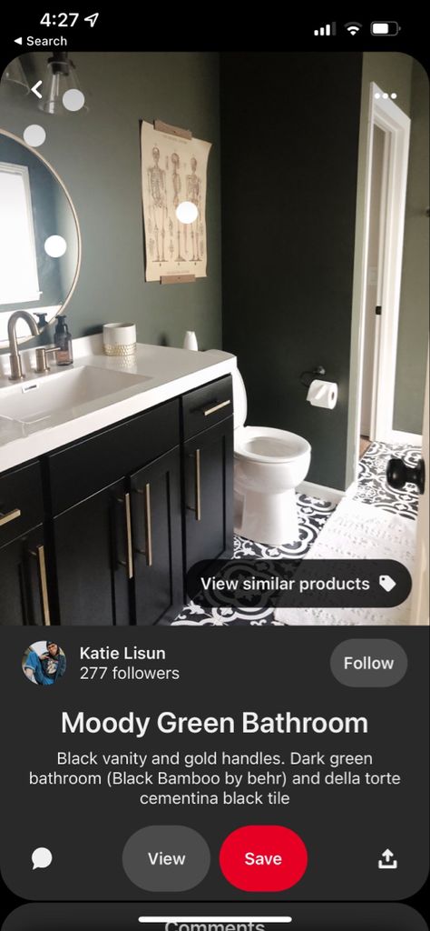 Behr Black Bamboo, Vanity Lighting Over Mirror, Dark Green Bathrooms, Bamboo Bathroom, Black Vanity, Black Bamboo, Black Tiles, Upstairs Bathrooms, Main Bathroom