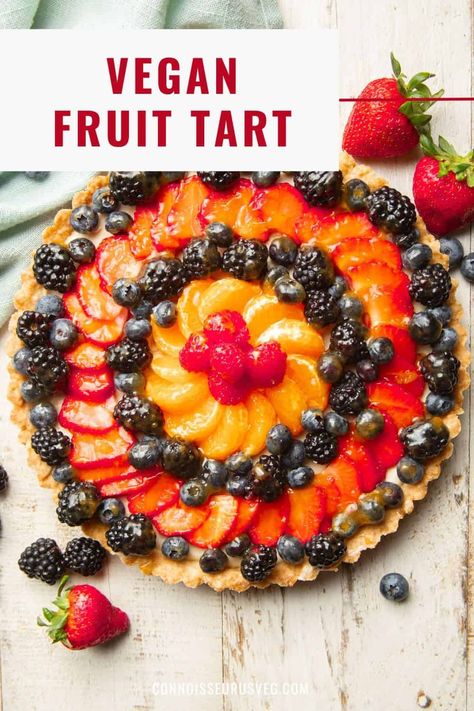 This vegan fruit tart is fun to make, beautiful to look at, and such a treat to eat! Made with a simple press-in crust, cashew cream cheese filling, and your fresh fruit toppings, it's a delicious dessert that's perfect for entertaining. Vegan Fruit Tart, Cashew Cream Cheese, Fruit Toppings, Almond Flour Recipes, Cashew Cream, Vegan Comfort Food, Fruit Tart, Flour Recipes, Indulgent Desserts