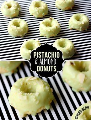 Mini Pistachio Almond Donuts - Taste like mini petit four donuts! Homemade Donuts, Donut Shape, Baked Donuts, Mini Donuts, Donut Recipes, How Sweet Eats, Eat Dessert, Sweets Treats, Bagels