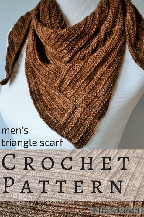 Parquet is a triangular crochet scarf with a textured wooden pattern, created using post stitches. A unique and visually striking accessory for men and women. Crochet Scarf For Men, Crochet Triangle Pattern, Men Scarf Pattern, Prayer Shawl Crochet Pattern, Shawl Scarf Crochet, Triangle Scarf Crochet Pattern, Crochet Mens Scarf, Crochet Triangle Scarf, Ideas For Crochet