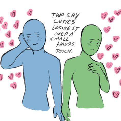 In this portrayal of a 'mutual pining' ship dynamic, two characters' deep and undeniable affection for each other is evident as they brush hands, causing both to blush and smile bashfully. The palpable romance and unspoken longing between them add a tender depth to their connection. Couple Ship Dynamics Cute, Dynamic Ships, Ship Tropes, Mutual Pining, Character Dynamics, Ship Dynamic, Ship Dynamics, Otp Prompts, Character Tropes