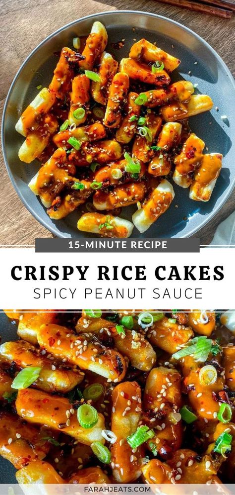 Top photo is of crispy rice cakes with spicy peanut sauce, served in a blue plate and garnished with green onions and sesame seeds. Next to the plate is a pair of wooden chopsticks. The bottom photo is a close up of the rice cakes. Crispy Tteokbokki, Korean Rice Cake Sauce Recipe, Crispy Rice Cakes Korean, Crispy Korean Rice Cake, How To Cook Rice Cakes, Rice Cake Sticks, Fried Rice Cakes Korean, Recipe With Rice Cakes, Things To Do With Rice Cakes