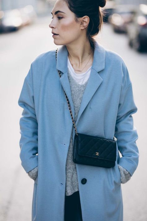 Outfit: Baby Blue | Chanel WOC, Jake*s Coat Peek & Cloppenburg, Zara Biker Boots, Closed Velvet Pants | you rock my life Woc Chanel Outfit, Blue Chanel Bag Outfit, Light Blue Bag Outfit, Chanel Woc Outfit, Blue Handbag Outfit, Woc Outfit, Blue Bag Outfit, Chanel Bag Outfit, American Vibes