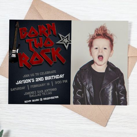 Born Two Rock 2Nd Birthday W Picture Landscape Invitation #zazzle #weddinginvitations #birthdayinvitations #babyshowerinvitations #zazzleinvitations #monogram #businesscards #graduation #homedecor Born Two Rock Birthday, Born Two Rock, Landscape Invitation, Rock Birthday, Rock And Roll Birthday, Rocker Boy, Add Photo, 2nd Birthday Invitations, First Birthday Party Themes