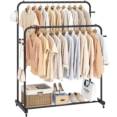 Limited-time deal: Laiensia Double Rods Garment Rack with Wheels, Clothing Rack for Hanging Clothes,4 Hooks, Multi-functional Bedroom Clothes Rack, Black Portable Clothes Rack, Rolling Rack, Storing Shoes, Laundry Rack, How To Store Shoes, Garment Rack, Closet Accessories, Clothes Drying Racks, Hanging Clothes