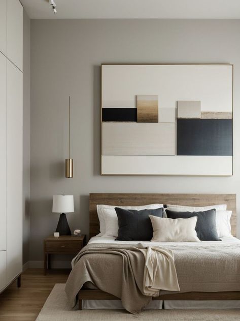 Achieve an artistic bedroom aesthetic by adorning the walls with a gallery of abstract paintings. Complement the artwork with sleek, minimalist furniture pieces like a wooden platform bed and a metallic desk lamp. Artistic Bedroom, Ny Apartment, Artist Bedroom, Wooden Platform Bed, Minimalist Furniture, Bedroom Aesthetic, Furniture Pieces, Bedroom Lighting, Abstract Paintings