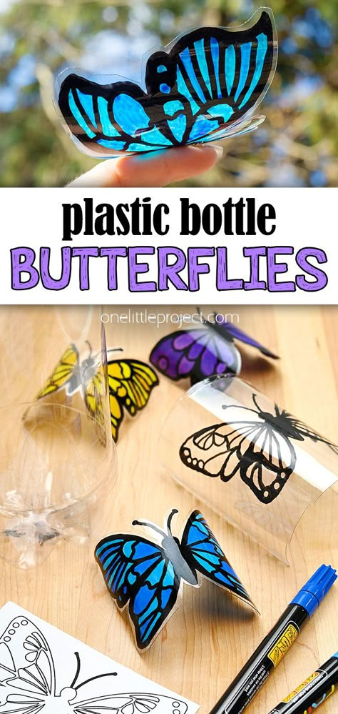 Summer Camp Art And Craft For Kids, Recycled Bottle Art, Plastic Bottle Butterflies, Art Camp Ideas For Kids, Garden Art For Kids, Art Camp Ideas, Recycling Crafts For Kids, Easy Plastic Bottle Crafts, Butterfly Crafts For Kids