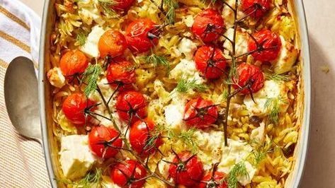 Feta Orzo Bake, Baked Feta Orzo, Orzo With Tomatoes And Feta, Baked Feta With Cherry Tomatoes, Chickpea Tomato Feta Bake, Orzo Bake, Feta Orzo, Tomato Orzo, Orzo Dishes