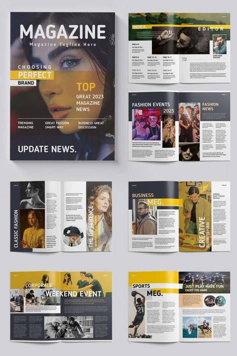 This Magazine Template Contains 28 Pages. You can use this magazine for your business purpose or others sector. You can easily change all text, color, images etc. Book Magazine Design, Magazine Ad Design Layout, Feature Magazine Layout, Masthead Design Magazine, Business Magazine Layout Design, Magazine Pages Design, Magazine Index Design, Magazine Template Aesthetic, Creative Magazine Layout Design