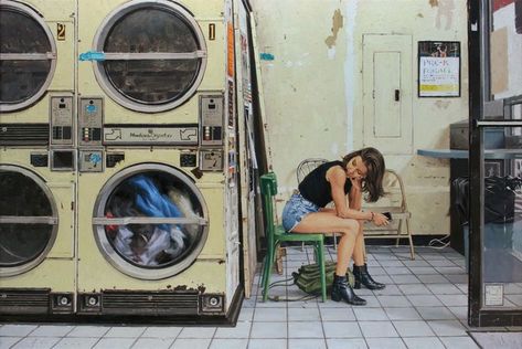 Doctor Horrible, Vincent Giarrano, Art Fodder, Adult Aesthetic, Coin Laundry, Contemporary Oil Paintings, Laundry Mat, Pose Reference Photo, Film Aesthetic