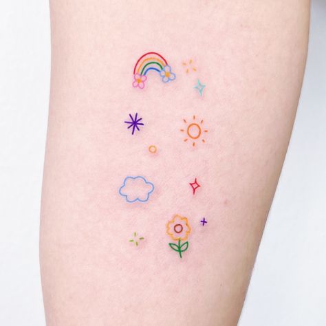 rainbow tattoo • Instagram Colorful Mini Tattoo, Doodle Tattoo Colorful, Cute Color Tattoos For Women, Pastel Snake Tattoo, Double Rainbow Tattoo, Sun And Rainbow Tattoo, Mini Rainbow Tattoo, Fine Line Rainbow Tattoo, Minimalist Cute Tattoo