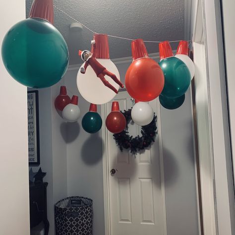 Elf On The Shelf In Balloon Ideas, Elf On The Shelf With Balloons, Elf Balloon Ideas, Elf On The Shelf Balloon, Welcome Back Elf, Hallway Decorations, Elf Stuff, Elf Shenanigans, Shelf Light