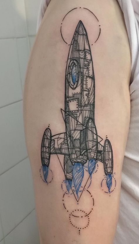 Ship Tattoo Shoulder, Rocket Ship Tattoo, 88 Tattoo, Spaceship Tattoo, Neat Tattoos, Science Tattoo, Rocket Tattoo, Astronaut Tattoo, Tattoo Shoulder