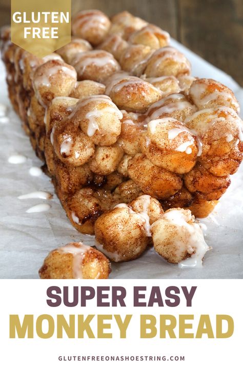 This easy gluten free monkey bread recipe is made from scratch- no Bisquick mix or canned biscuits needed. Using my easy gluten free pizza dough recipe as a base, you simply cut small rounds, dip in butter and then roll in cinnamon and sugar! That's it! This recipe couldn't get any easier! This is a favorite recipe of my son's and really my entire family! Try it out today! #glutenfreebread #easymonkeybread #glutenfreebaking #fromscratch Easy Gluten Free Pizza Dough, Gluten Free Monkey Bread Recipe, Gluten Free Pizza Dough Recipe, Gluten Free Monkey Bread, Cinnamon Monkey Bread, Gluten Free Pizza Dough, Easy Monkey Bread, Monkey Bread Recipe, Pain Sans Gluten