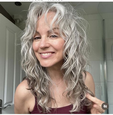 Long Shag Haircut Gray Hair, Long Layered Curly Grey Hair, Long Shag Gray Hair, Gray Curly Shag Hairstyles, Gray Hair Shag Haircut, Silver Shag Haircut, Gray Shag Hairstyles, Perm Waves, Fine Curly Hair Cuts