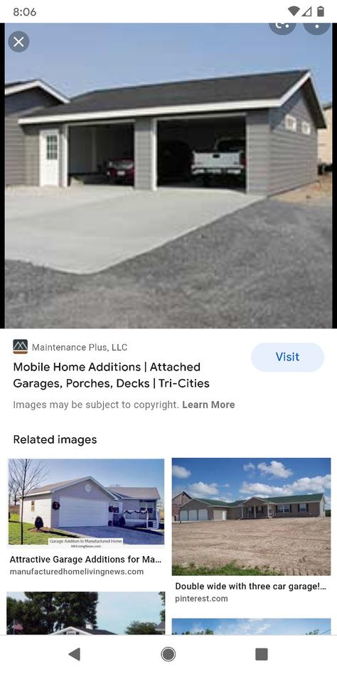 Garage Attached To Mobile Home, Double Wide Garage Addition, Mobile Home Garage Addition, Mobile Home Garage, Garage Addition Ideas Attached, Mobile Home Upgrades, Mobile Home Addition, Double Wide Remodel, Double Wide Mobile Home