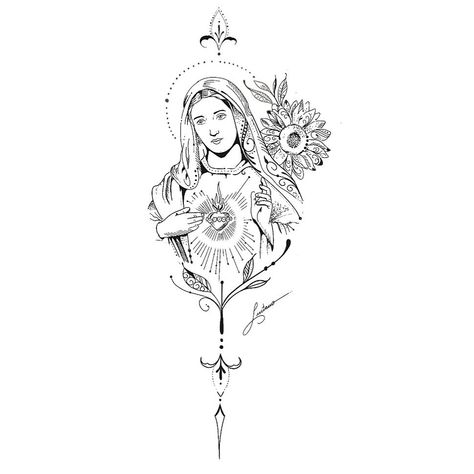 Mother Mary Tattoos, Maria Tattoo, Tatuaje Cover Up, Heaven Tattoos, Mary Tattoo, Blessed Mother Mary, Stencil Art, Hand Art Drawing, Hand Art