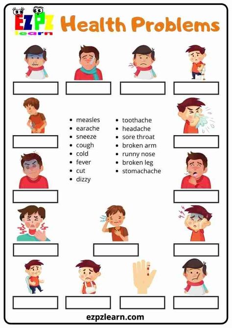 Free Printable Word Match English Game Health Problems For ESL Teachers Preschool Preschool English Activities, Preschool Esl Games, To Have Exercises English, Esl Classroom Games, Health Activities For Kids, Esl Games For Kids Teaching English, Esl Exercises, English Printables, Health Game