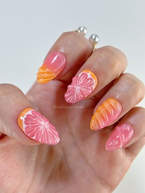 Grapefruit Press on Nails, Fruit Press Ons, Summer Fake Nails, Almond Short Nails, Handmade Press Ons - Etsy Orange Fruit Nails, Grapefruit Nails, Nail Inspo Short Nails, Almond Short Nails, Nails Almond Short, Fake Nails Almond, Nails Fruit, Fruit Nails, Cruise Nails