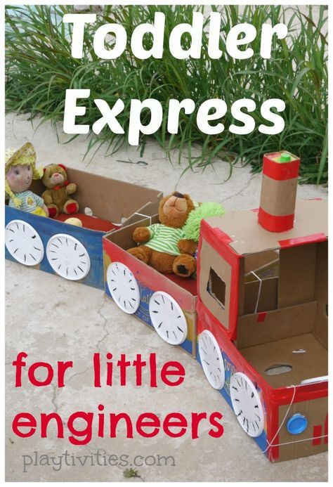 Cardboard Box Train craft and activities with it Train Craft, Trains Preschool, Cardboard Train, Box Train, Train Crafts, Cardboard Car, Non Toy Gifts, Cardboard Box Crafts, Diy Activities