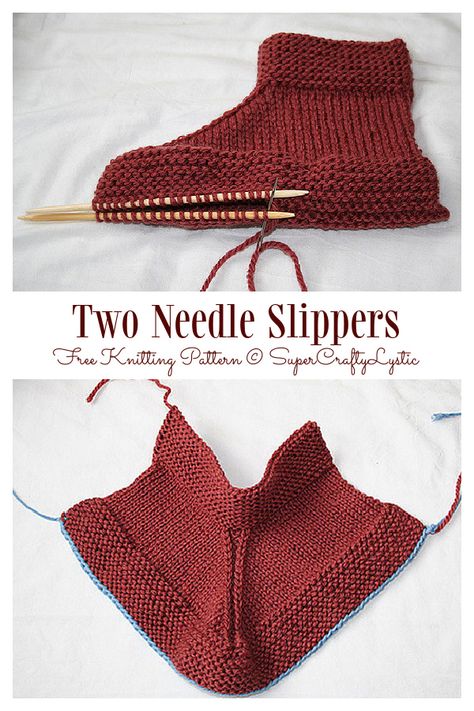 Two Needle Slippers Free Knitting Pattern - Knitting Pattern Chunky Slippers, Knitted Socks Free Pattern, Knit Slippers Free Pattern, Intermediate Knitting Patterns, Crochet Slipper, Easy Knitting Patterns Free, Knit Slippers, Knit Items, Shawl Knitting