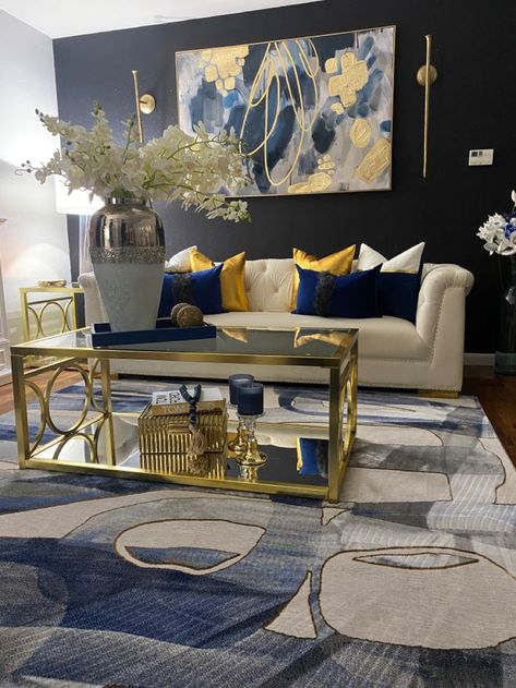 Blue Gold Home Decor, Blue Glam Living Room, Blue Living Room Inspiration, Blue And Gold Living Room, Black And Gold Living Room, Glam Living Room Decor, Diva Den, Blue Living Room Decor, Elegant Living Room Decor