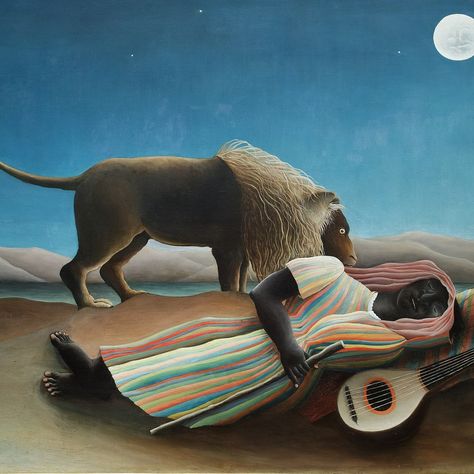 Henri Rousseau was a French painter known for his vivid and imaginative jungle scenes, which he created using a unique and naive style. See all his paintings at https://www.thehistoryofart.org/henri-rousseau/paintings/ He is considered a self-taught, visionary artist and a precursor of the Surrealist movement. The son of a carpenter, Henri Julien Félix Rousseau was born on May 21 1844, in Laval, France. When he was eight years old, his family was made bankrupt and consequently lost their h... Henri Julien Félix Rousseau, Rousseau Paintings, Henri Rousseau Paintings, Henri Rousseau, Modern Wall Art Canvas, Classic Paintings, Modern Artists, Unique Cards, Easy Paintings